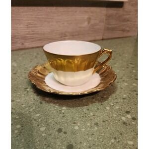 Antique Strauss Limoges Teacup & Saucer Set, Hand Painted White Gold 1920s